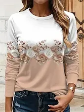 Women's T shirt Crew Neck Long Sleeve Tunic Floral Graphic Plants Vintage Stylish Classic  Round Neck Regular Tops Daily Print Yellow Pink Blue Purple Green Fall