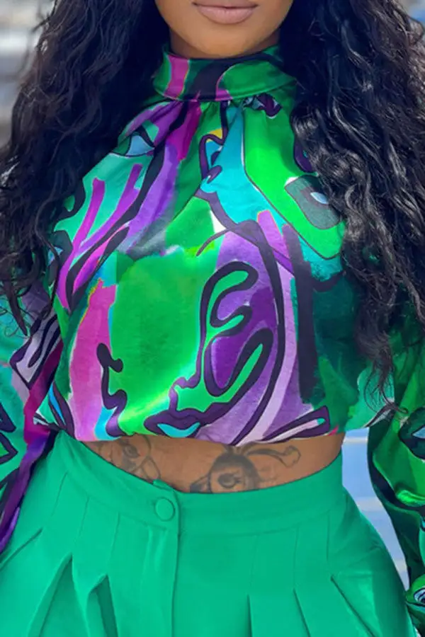 Colorful Abstract Facial Print Crop Blouse