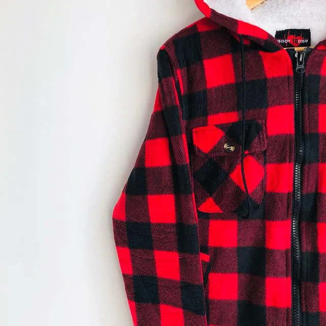Check Striped Textured Lamb Velvet Hooded Jacket