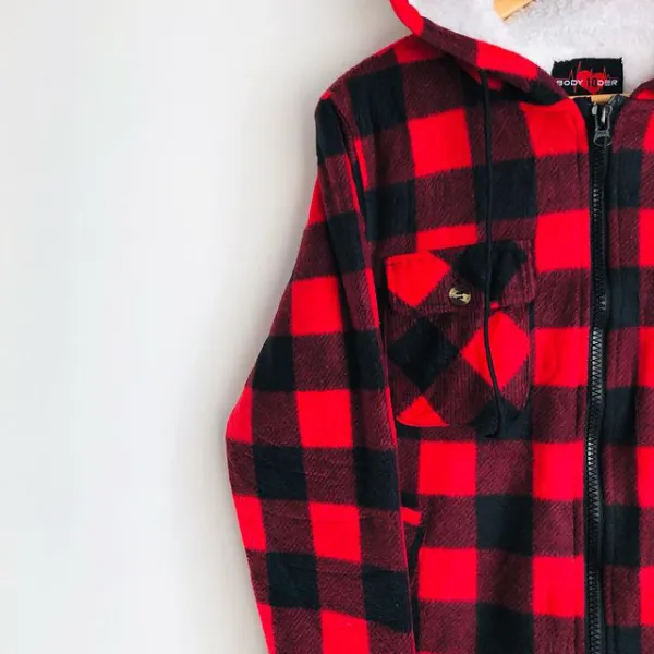 Check Striped Textured Lamb Velvet Hooded Jacket