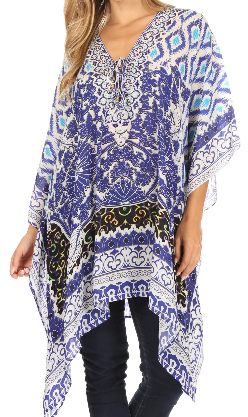 Women's Caftan Poncho Cover up V neck Top Lace up With Rhinestone