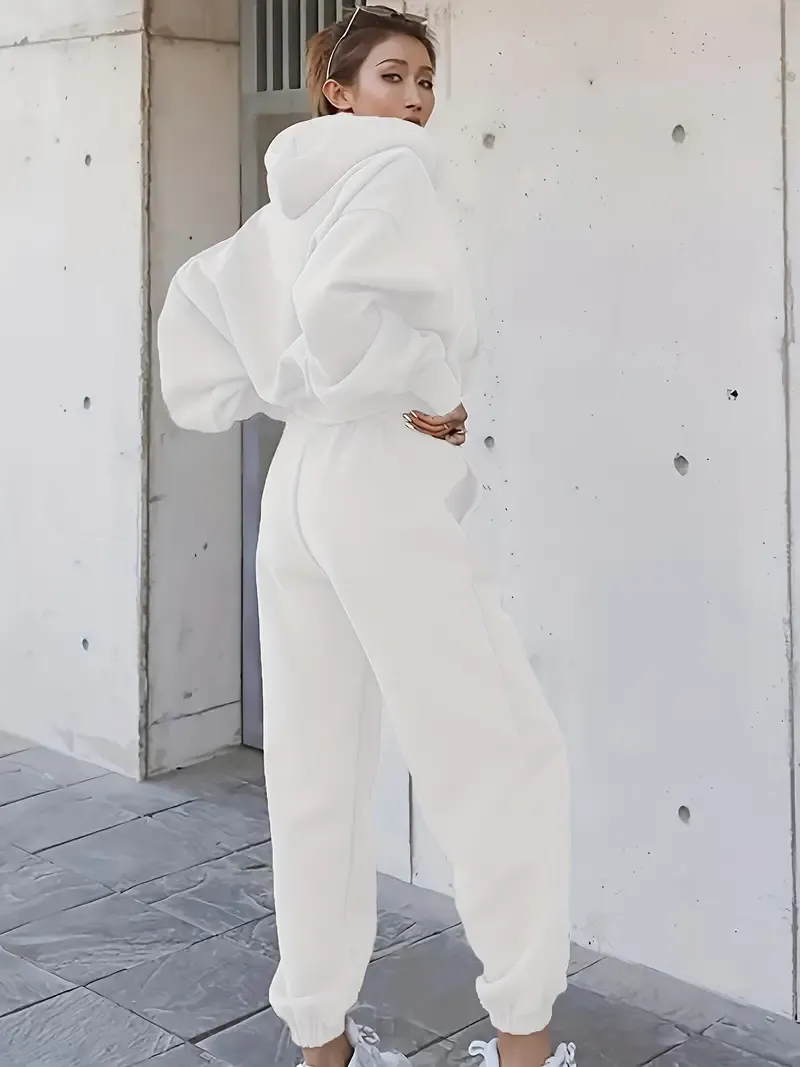 2PCS Oversized Athleisure Set: Solid Hooded Pocket Drawstring Sweatshirts & Sweatpants Sets for Women, Plus Size Comfortable Clothing