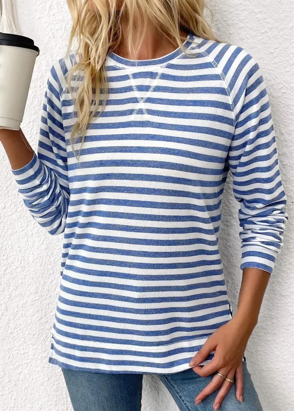 Light Blue Striped Long Sleeve Round Neck T Shirt