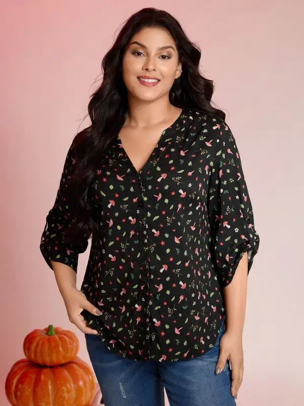 Mushroom Print Adjustable Sleeve Placket Blouse
