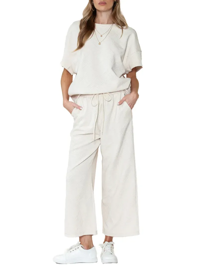 ✨Women's Textured Loose Fit T Shirt and Drawstring Pants Casual Set