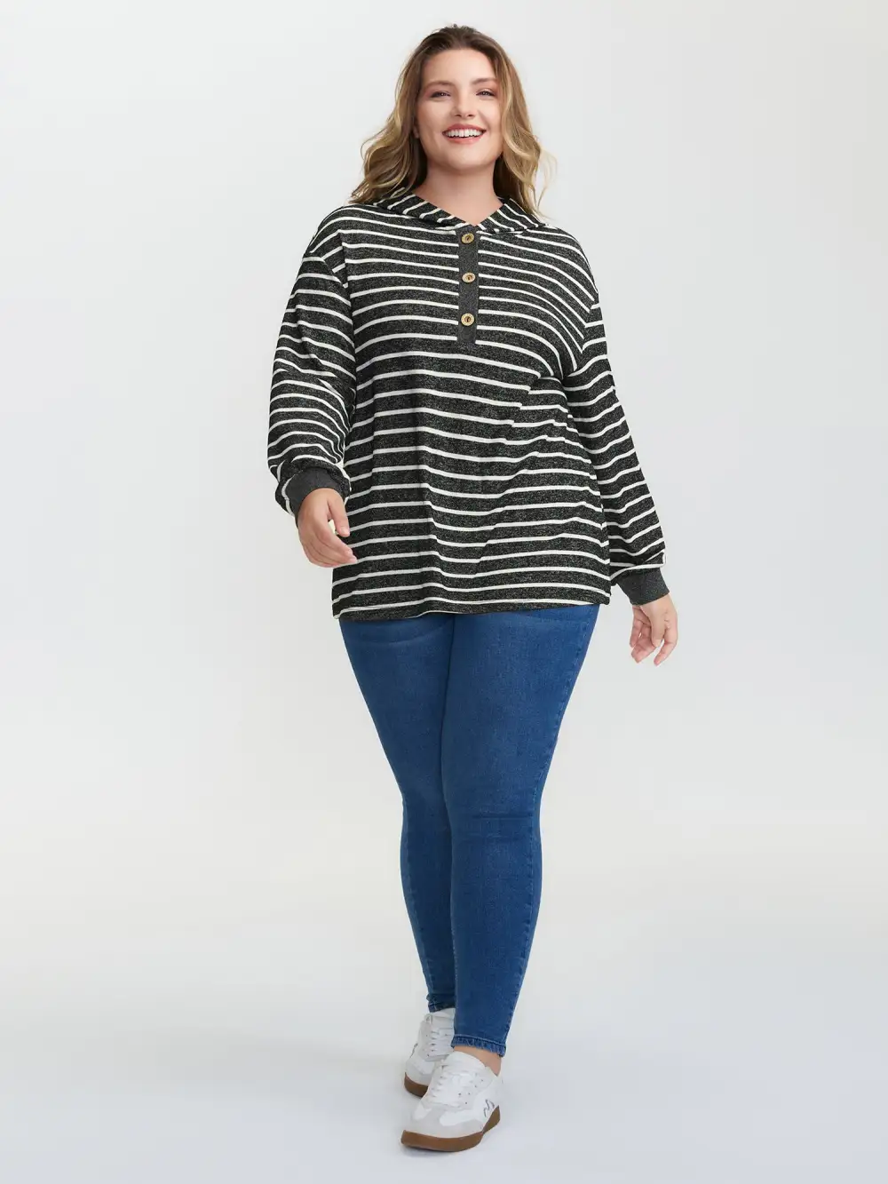 Striped Color Contrast Button Hoodie