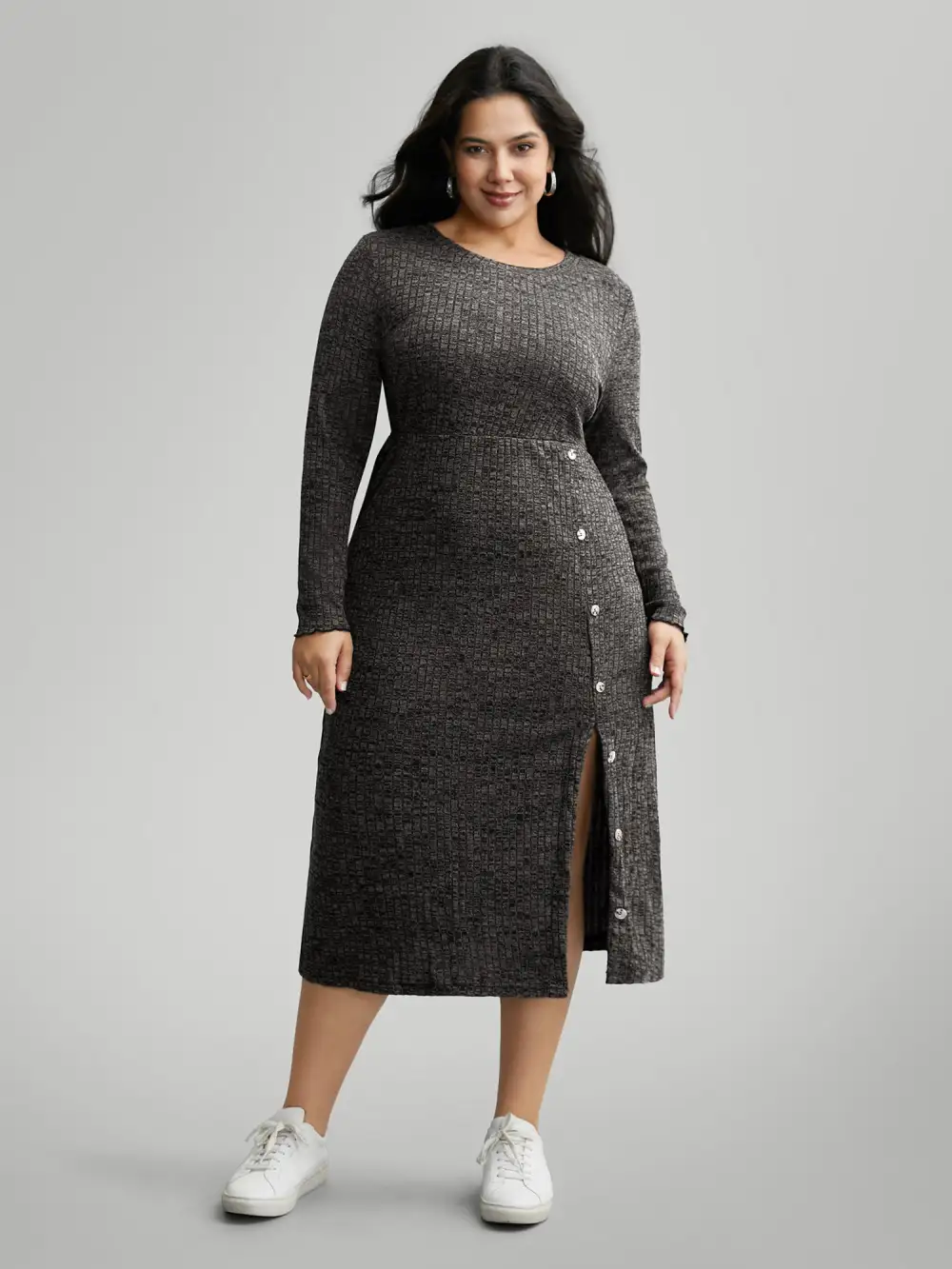 Crew Neck Button Detail Split Hem Dress