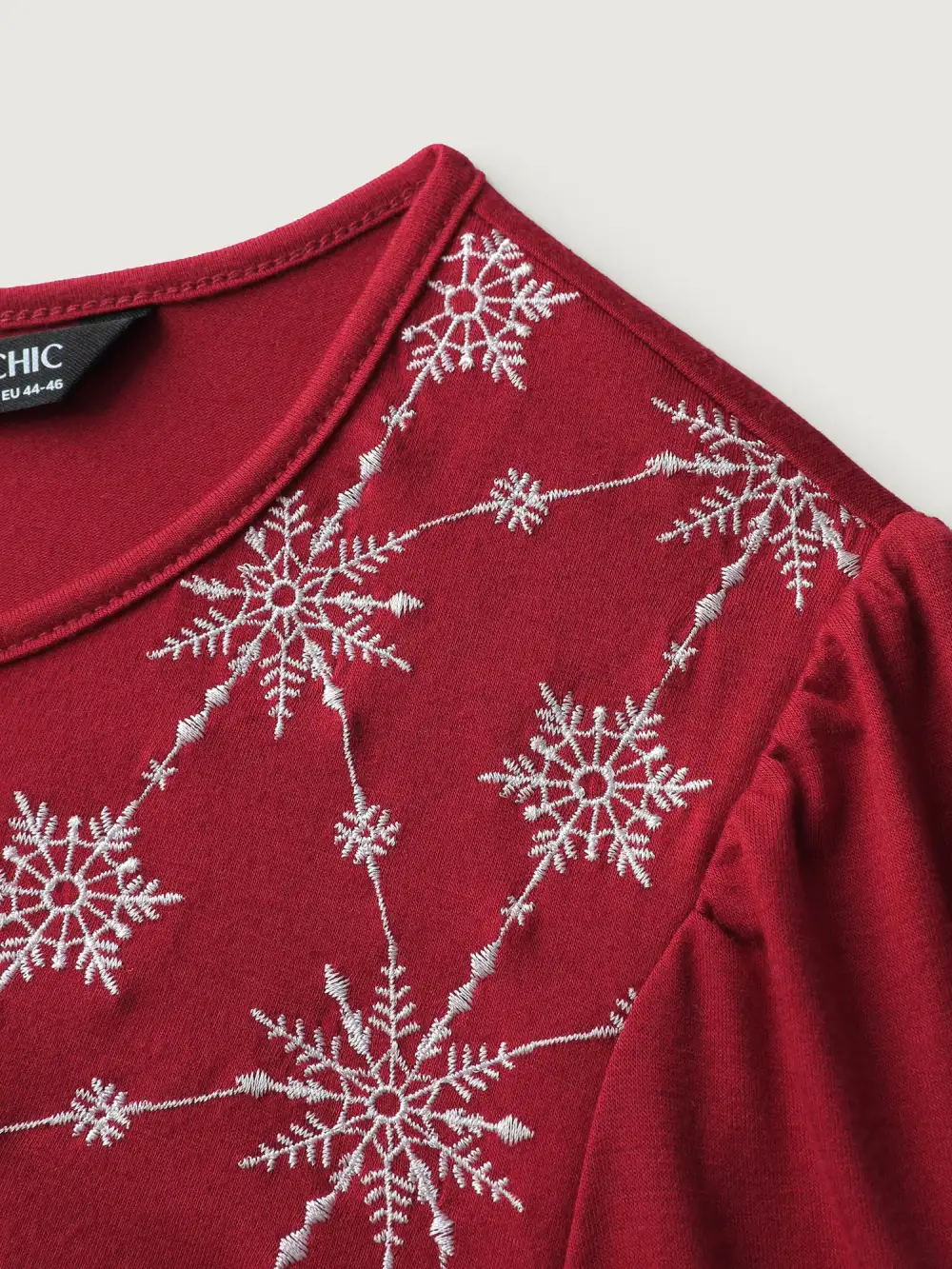 Holiday Embroidered Neckline Pleated Knit Top