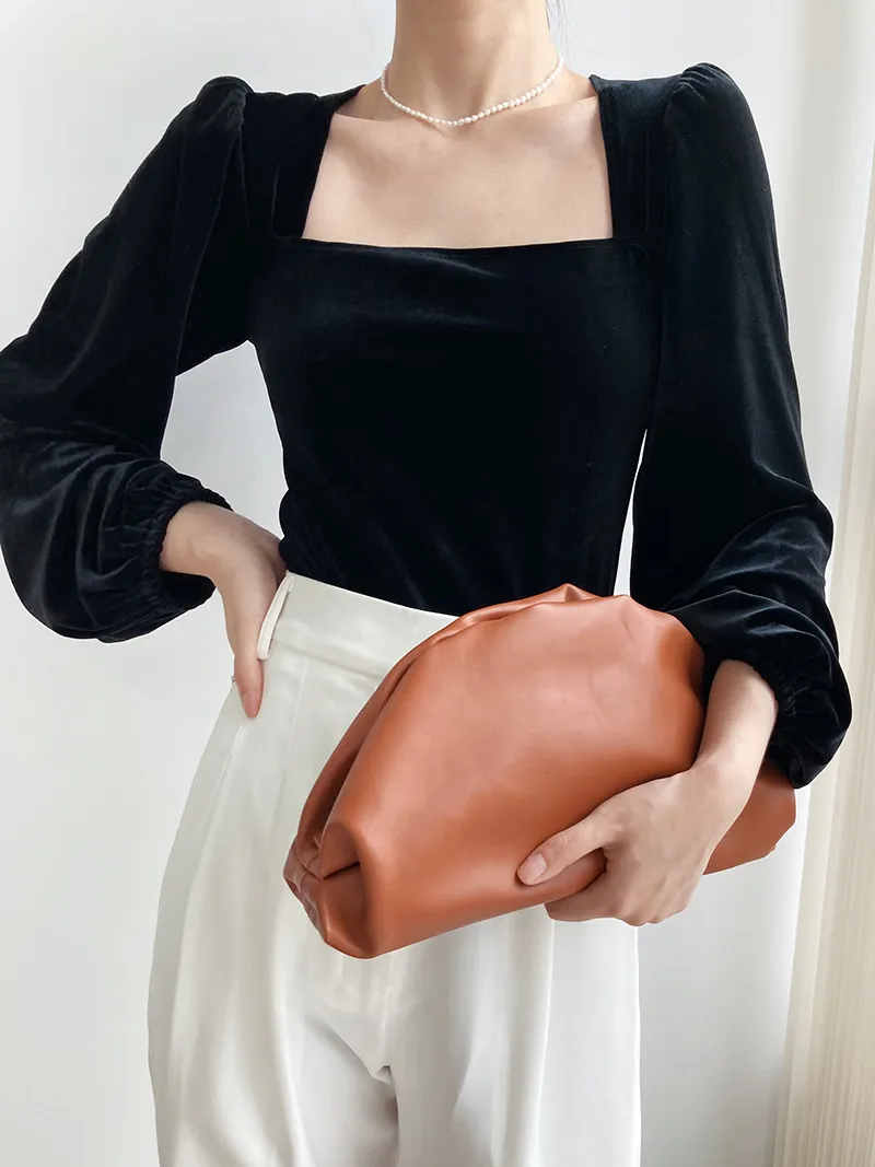 Black Velvet Square Collar Bubble Sleeve Blouse