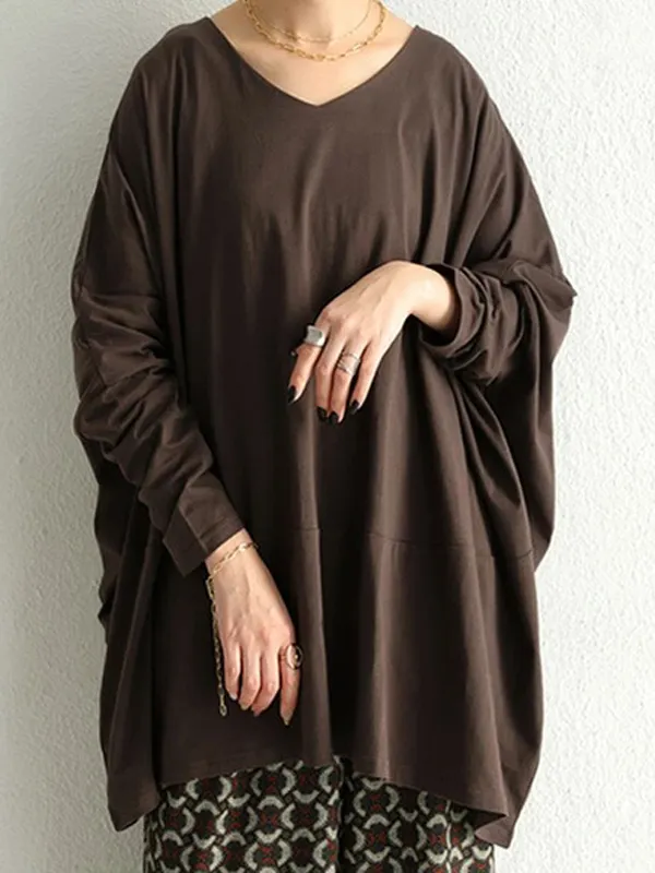 Simple Oversize Solid Color V-Neck Batwing Sleeve T-Shirts