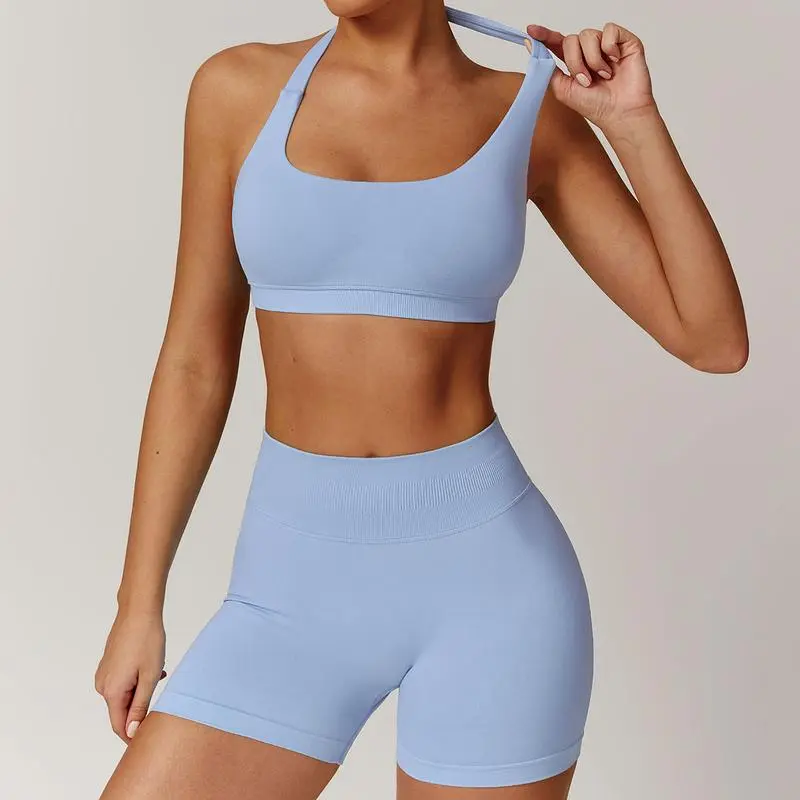 Women's Backless Halter Crop Top & High Waist Shorts Activewear Set