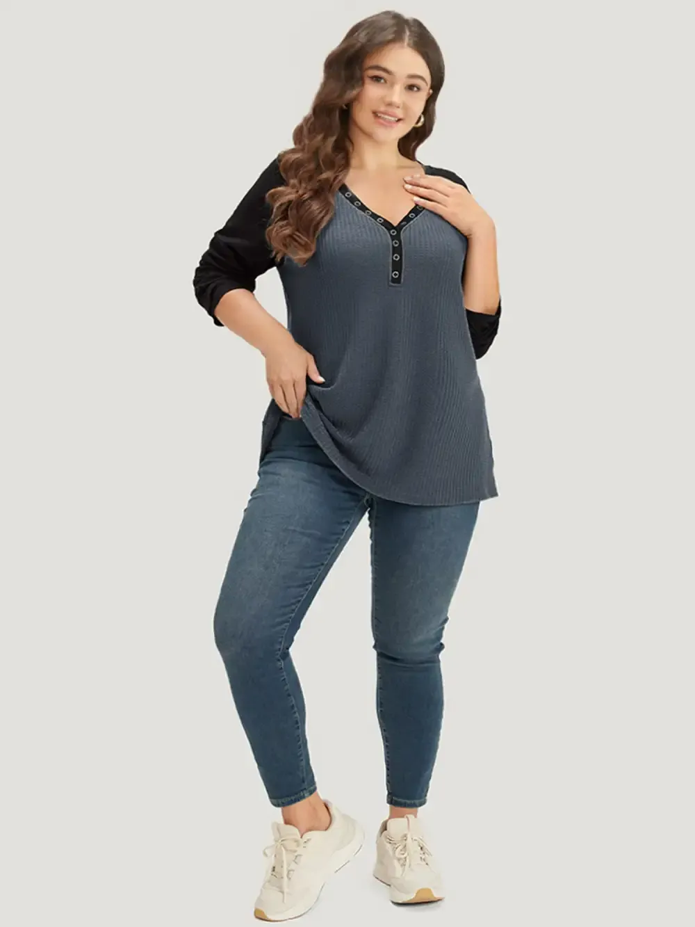 Waffle Knit Raglan Sleeve Metal Buckle Detail T-Shirt