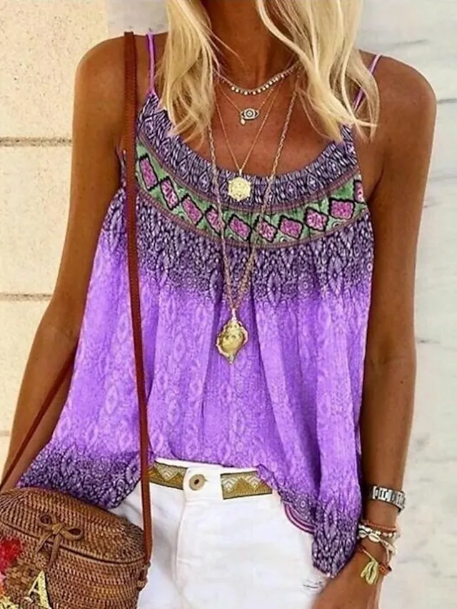 Women's Plus Size Boho Shirt Tank Top Camisole Summer Tops Geometric Sexy Holiday Beach Yellow Pink Sleeveless Boho Strap