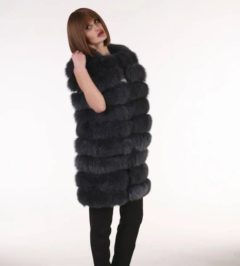 Dark Grey Fox Fur vest hoodedWomen’s