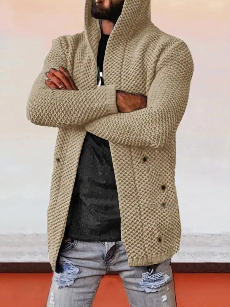 Solid Hooded Holey Sweater Coat