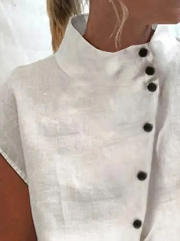 Women's Shirt Blouse Turtleneck shirt Plain Light Blue Black White Button Short Sleeve Casual Fashion Basic Elegant Standing Collar Regular Fit
