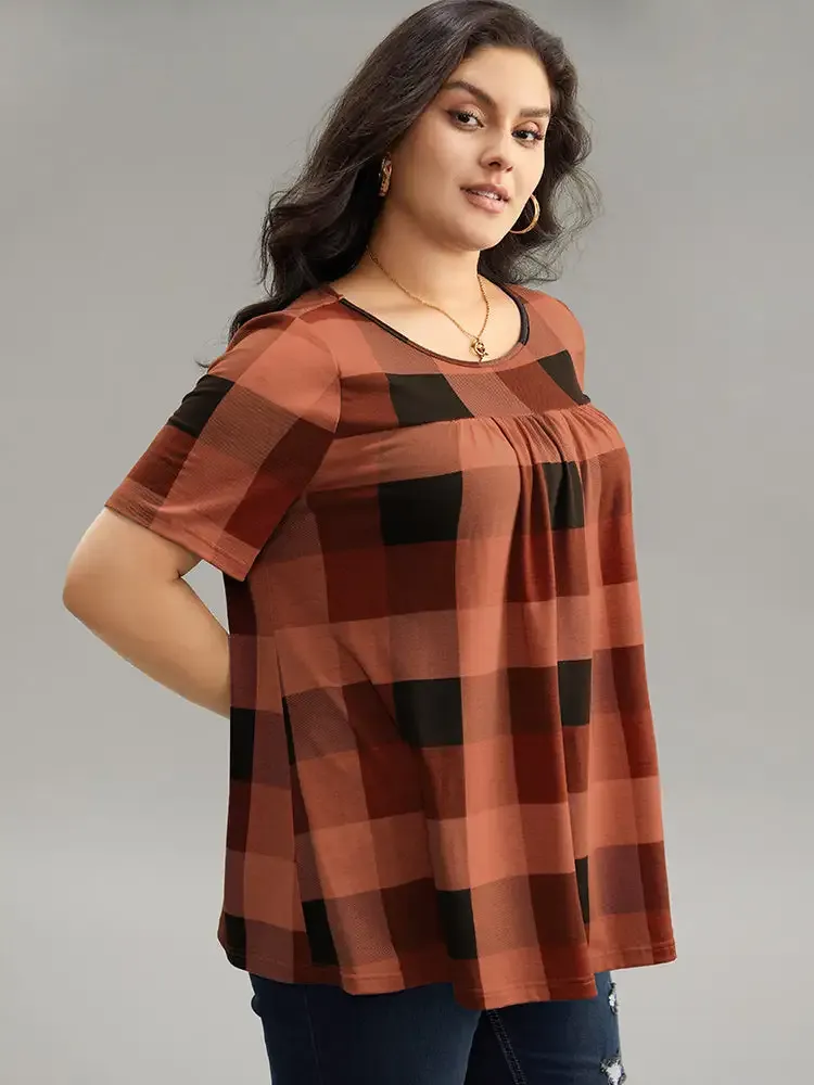 Plaid Round Neck Gathered T-Shirt