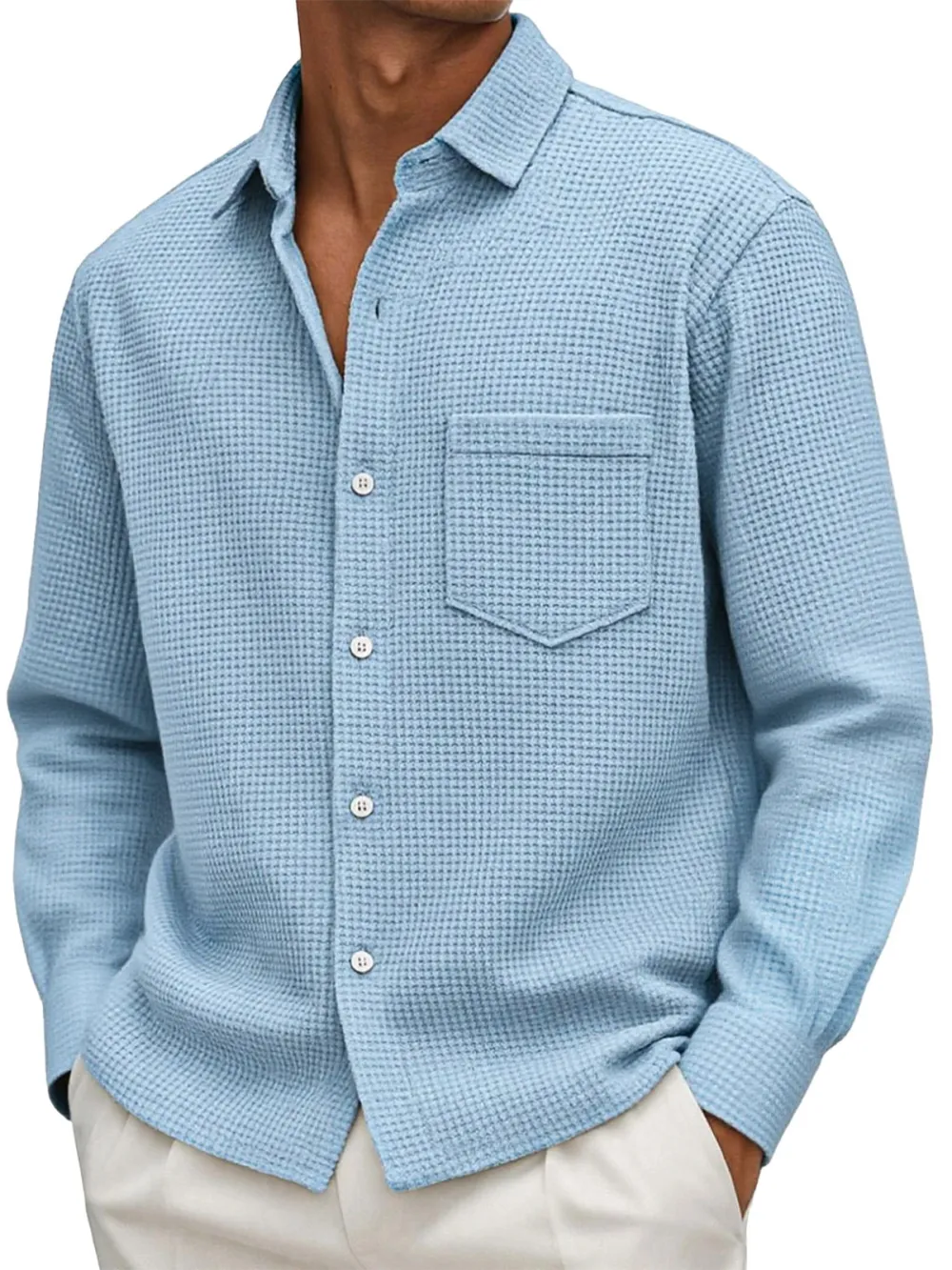 Men's Casual Solid Color Waffle Long Sleeve Shirt With Pockets