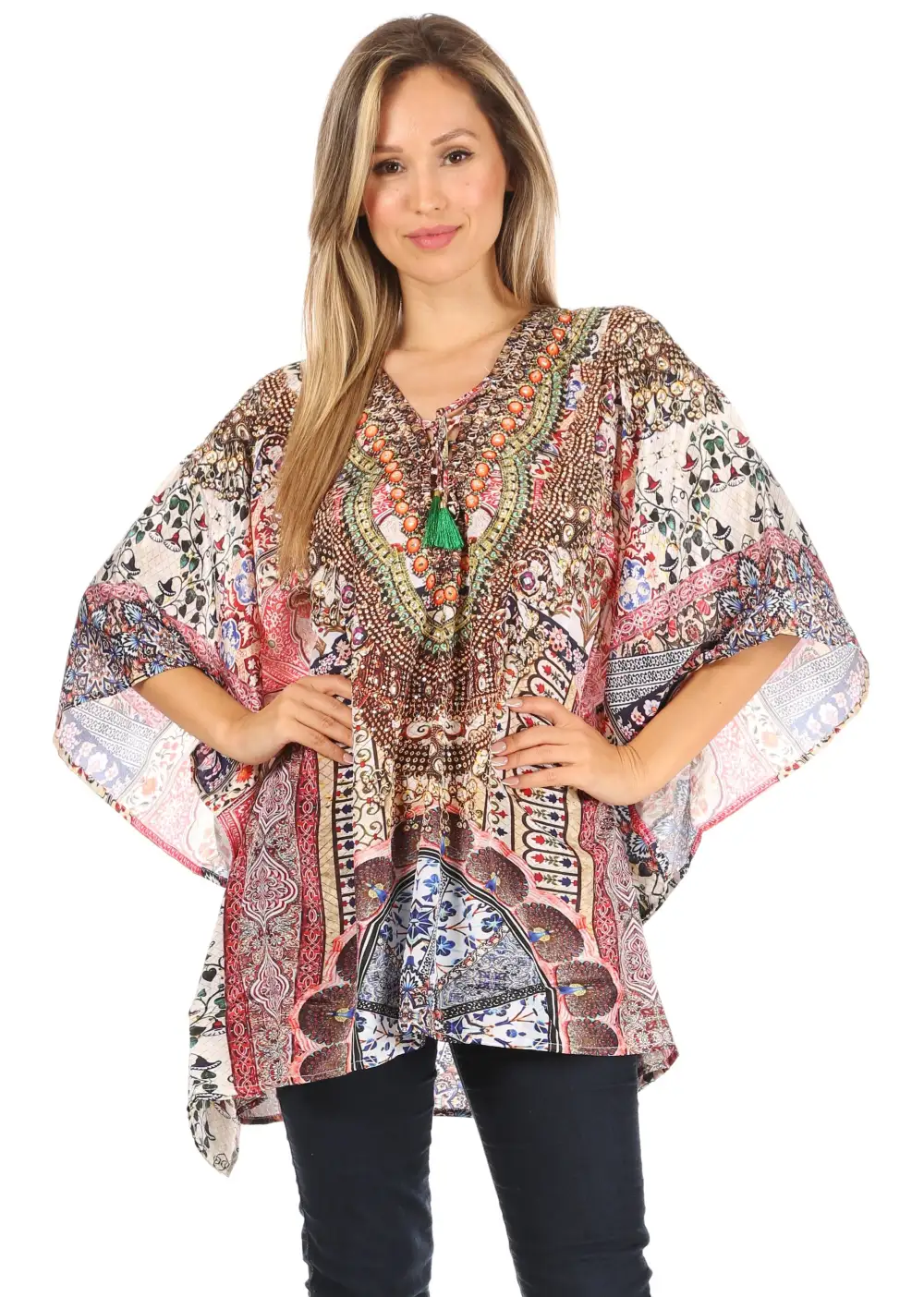 Women's Caftan Poncho Cover up V neck Top Lace up With Rhinestone
