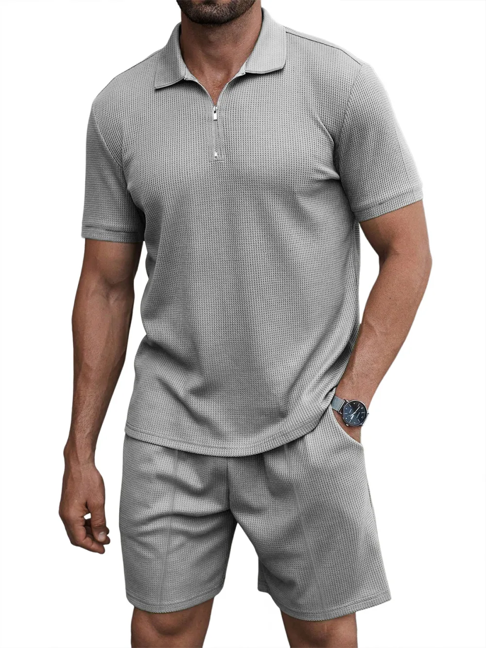 Men's Casual Waffle Zipper Short Sleeve Polo Suit