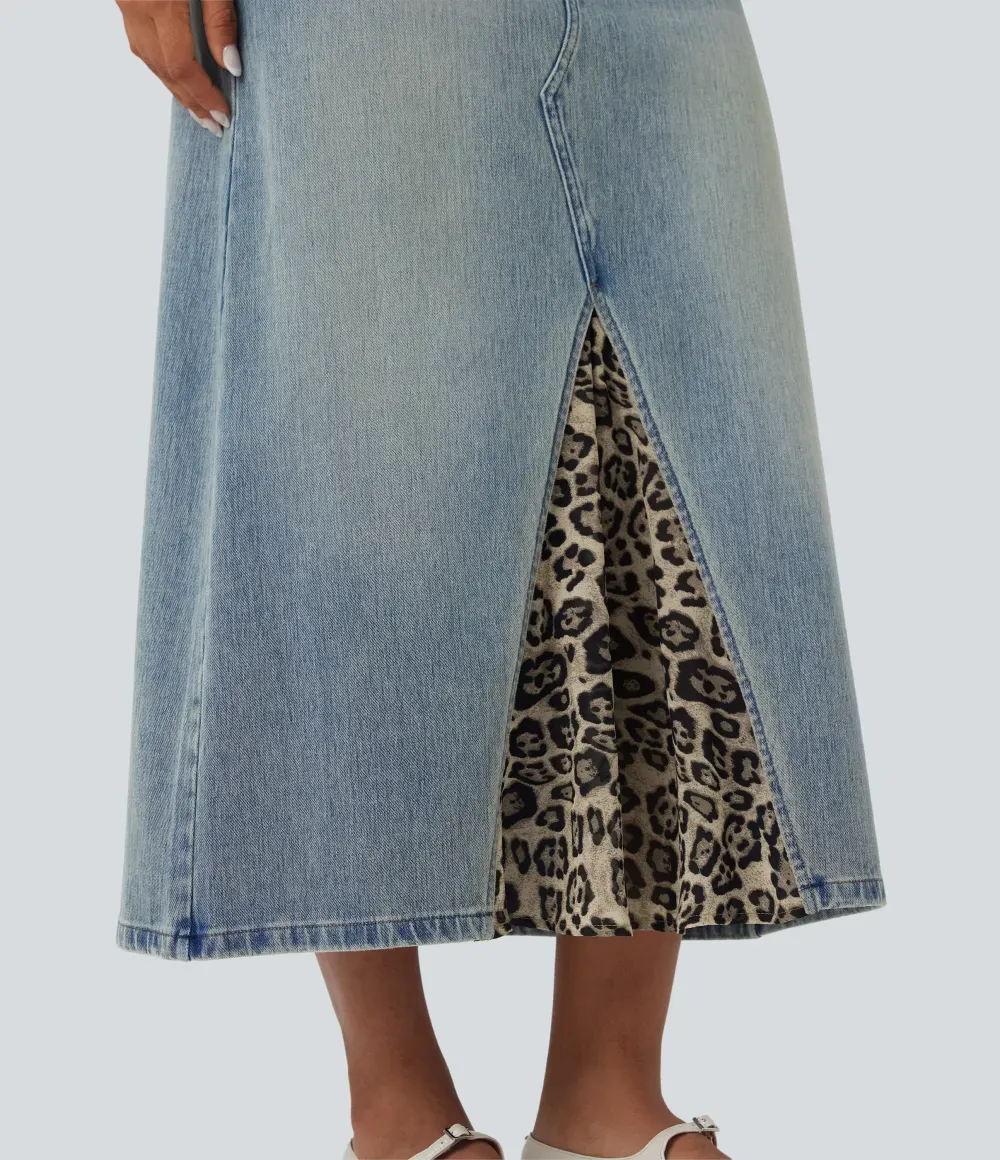 Halara FlexTM Mid Rise Contrast Leopard Mesh Midi Denim Casual A-line Skirt with Pockets