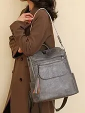 Women's Vintage Faux Leather Backpack with Tassel and Adjustable Geometric Strap – Casual Multi-pocket Travel Bag