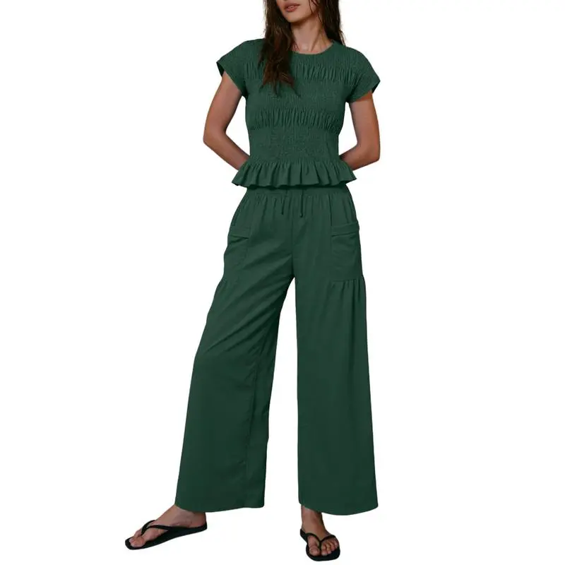 Women’s Smocked Top & Wide-Leg Pants Set – High-Waisted Lounge Outfit with Pockets