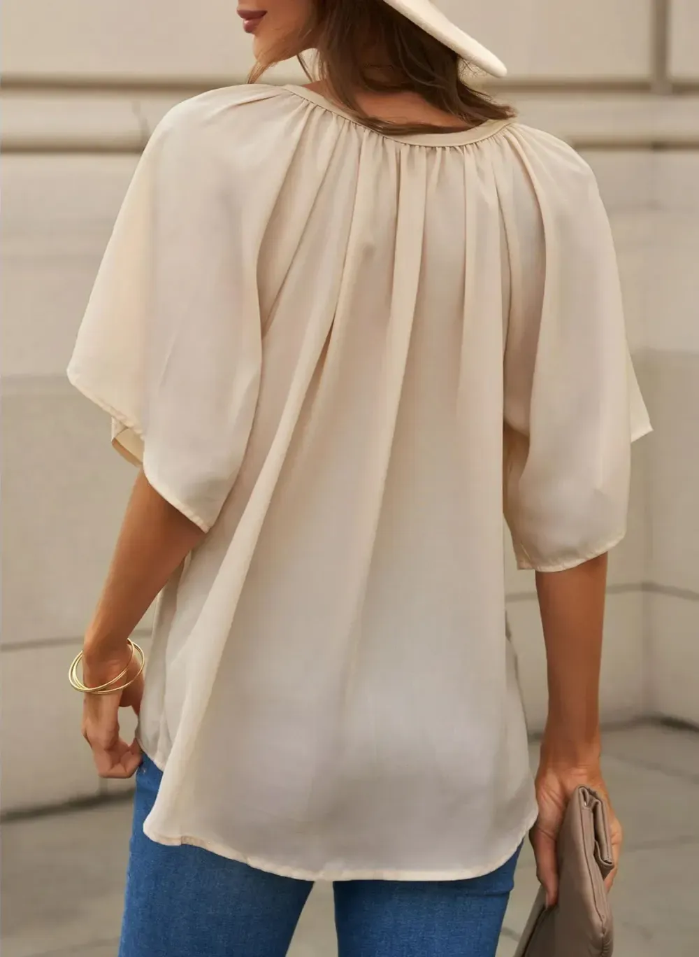 ✨ New Women's V Neck 3/4 Batwing Sleeve Blouse Pleated Flowy Tunic Tops