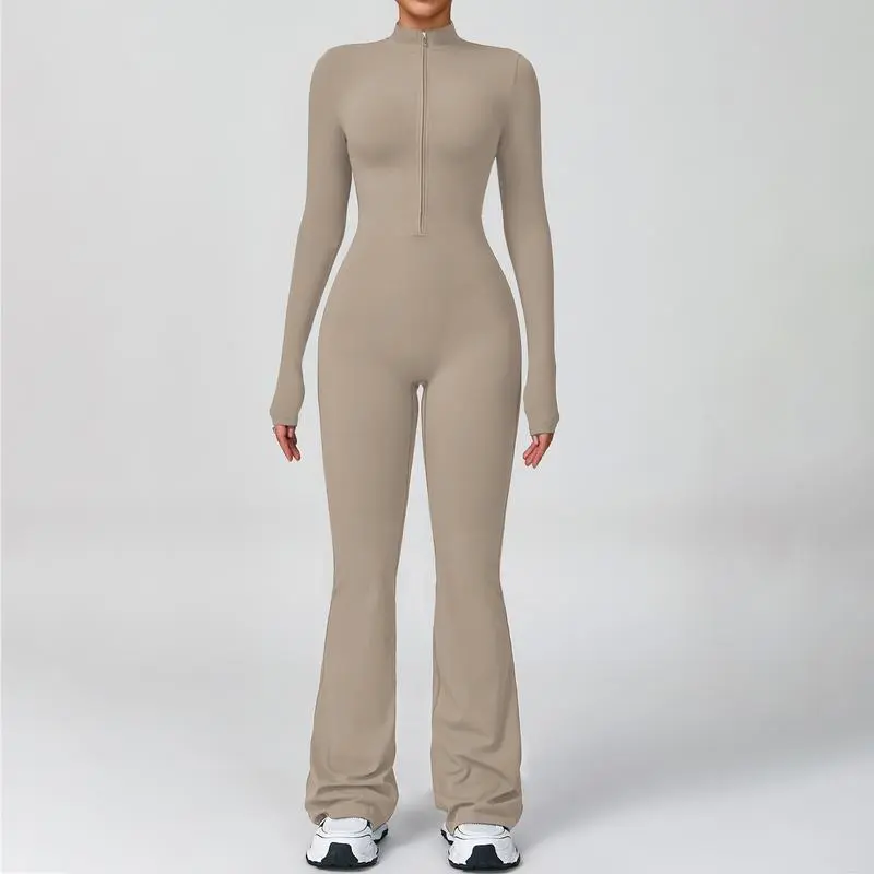 Women's Long Sleeve Flared Jumpsuit – Zipper Wide Leg Activewear for Gym & Casual Wear