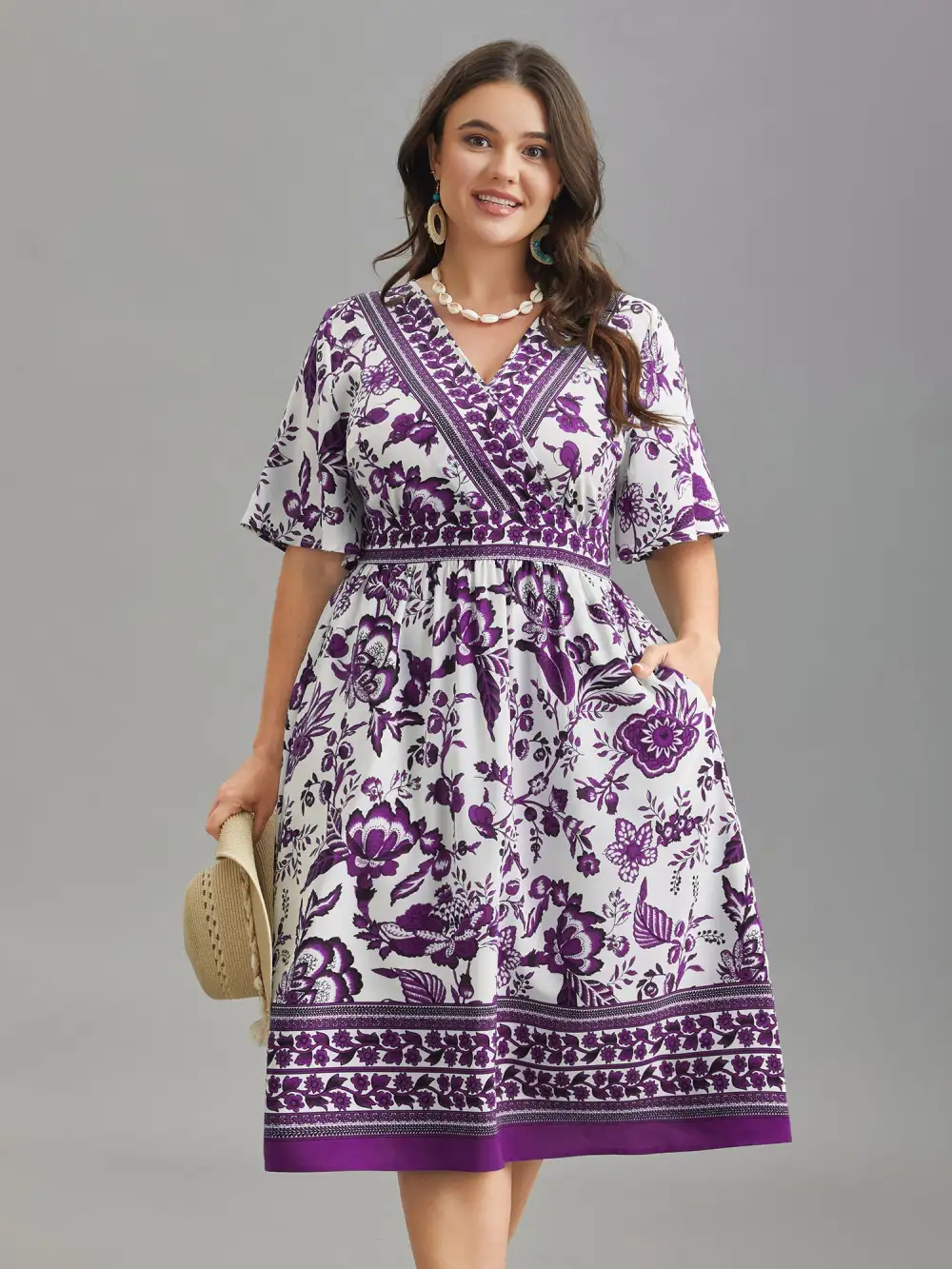 Floral Print Wrap-Neck Pocket Midi Dress