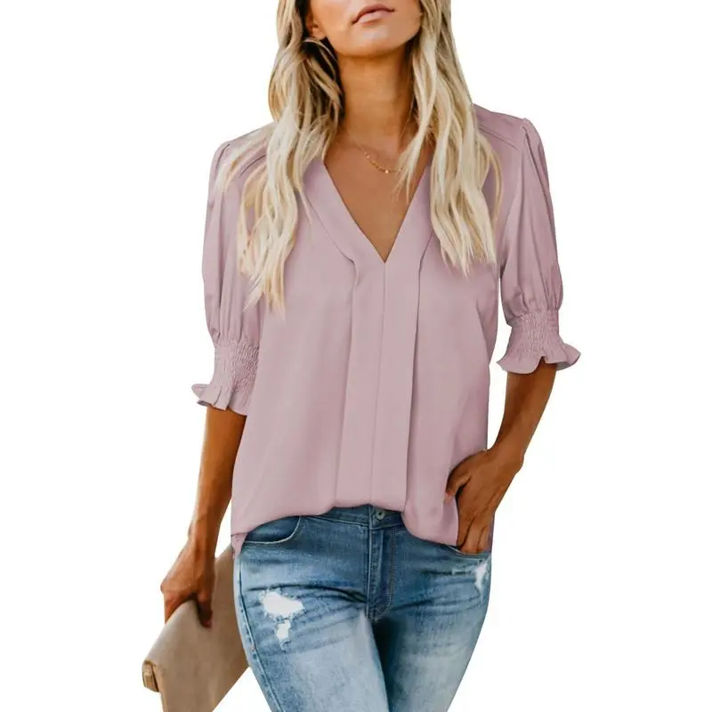 Women’s V-Neck Ruffle Sleeve Floral Blouse – Casual Lightweight Summer Tee 2025