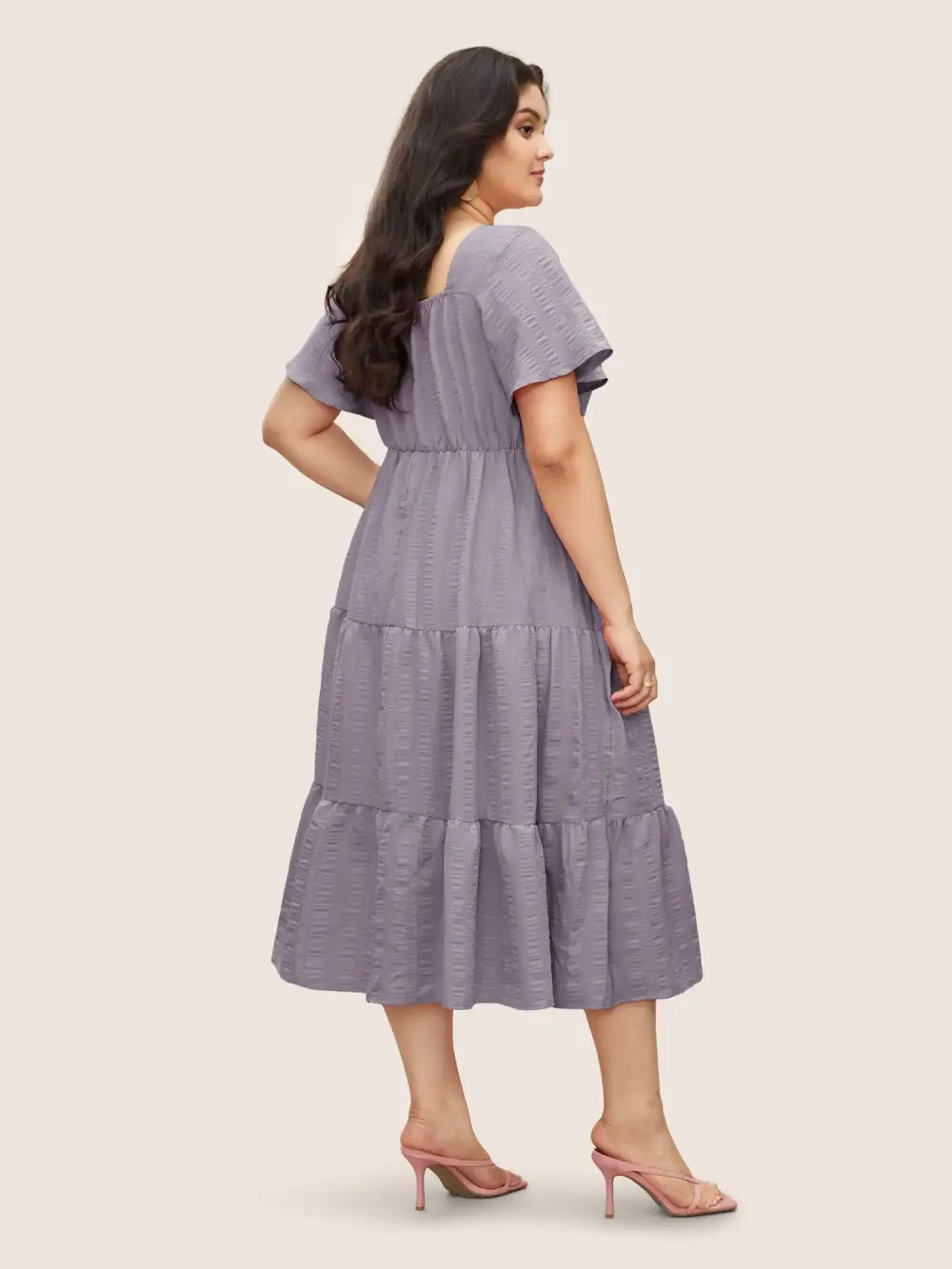 Plain Ruched Drawstring Pocket Ruffle Tiered Dress