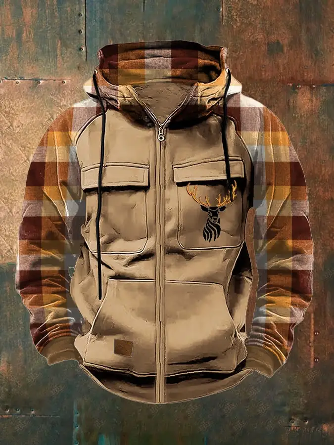 Men's Retro Casual Plaid Elk Contrast Color Jacket