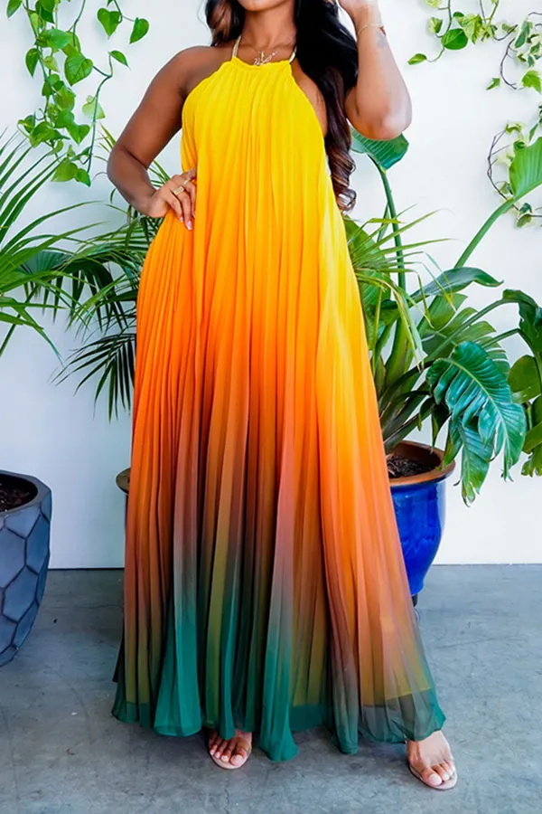 Gradient Glamorous Pleated Backless Maxi Dress