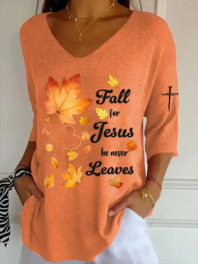 Women's Fall For Jesus He Never Leaves Print T-Shirt