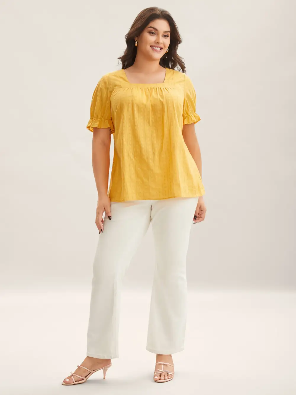 Cotton Square Neck Ruffled Sleeve Shirt