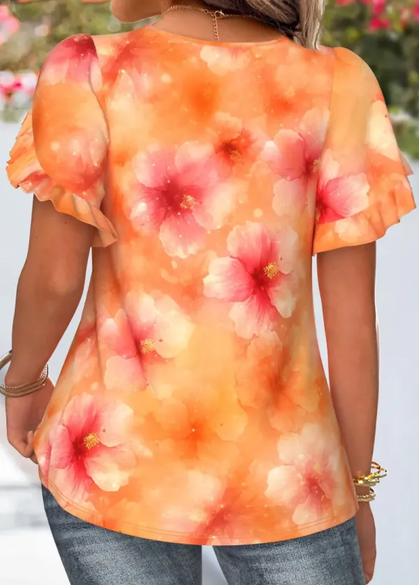 Orange Ruffle Floral Print Short Sleeve T Shirt