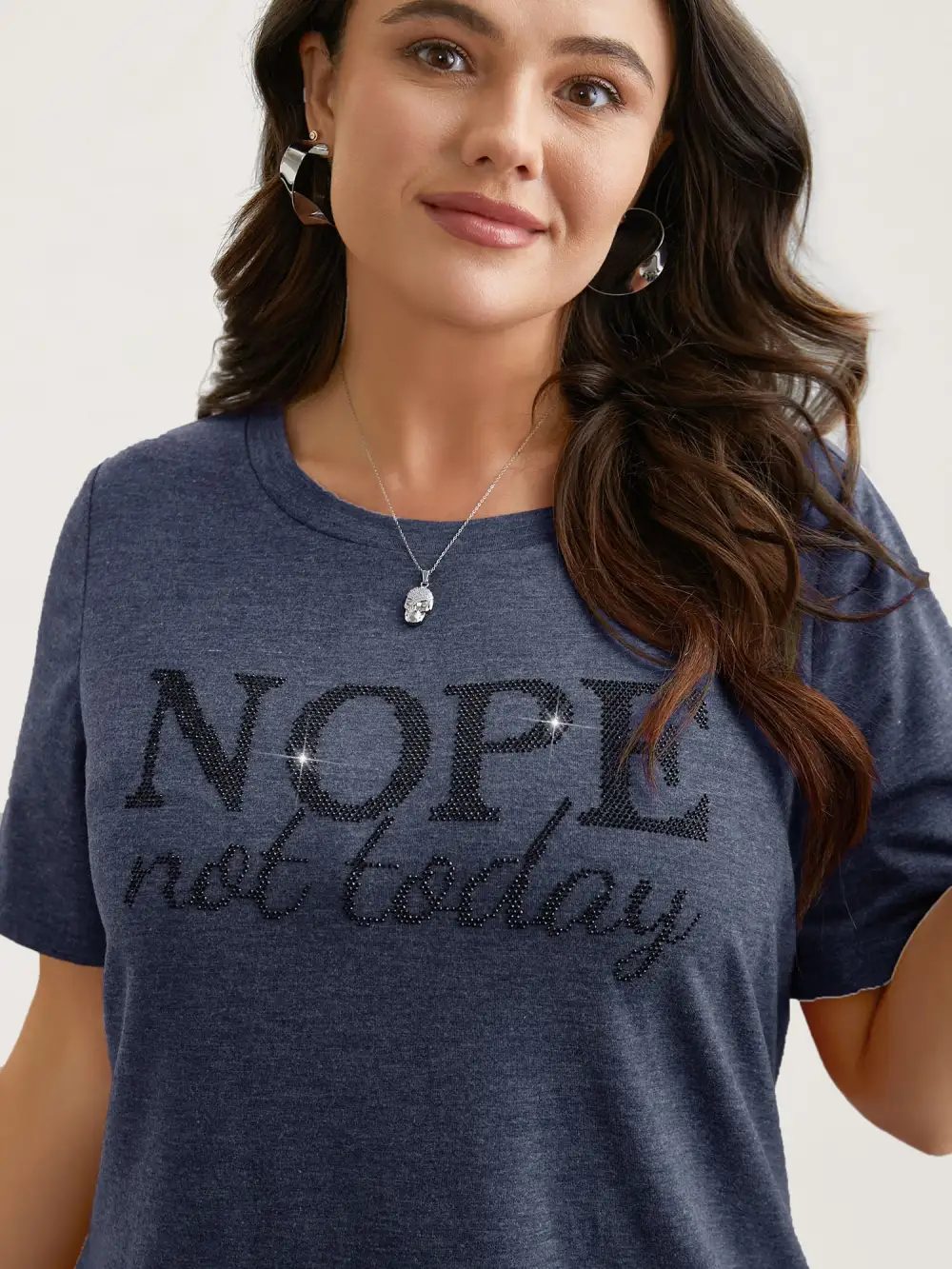 Nope Not Today Print Rhinestone Round Neck T-Shirt