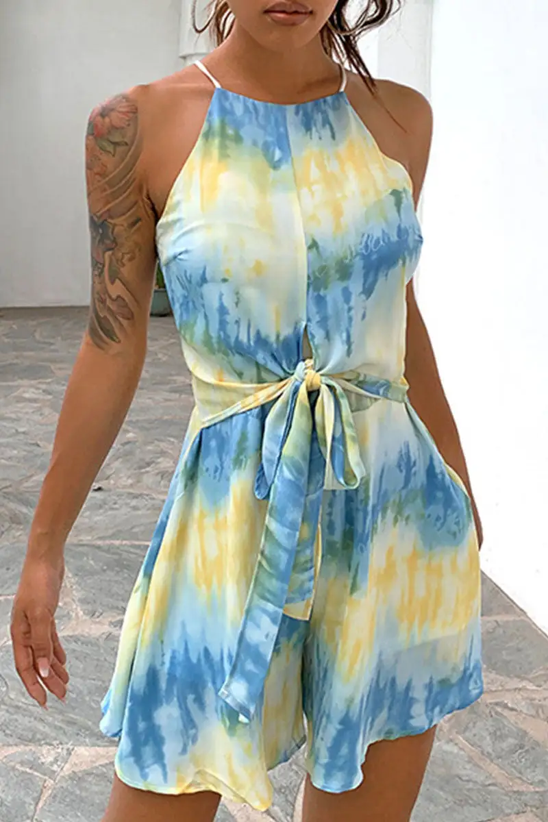 Fashion Street Print Patchwork Halter Loose Jumpsuits