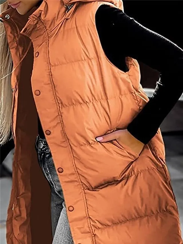 Women's Puffer Vest Long Winter Coat Sleeveless Hooded Jacket Thermal Warm Parka Windproof Gilet Zipper Outerwear Fall