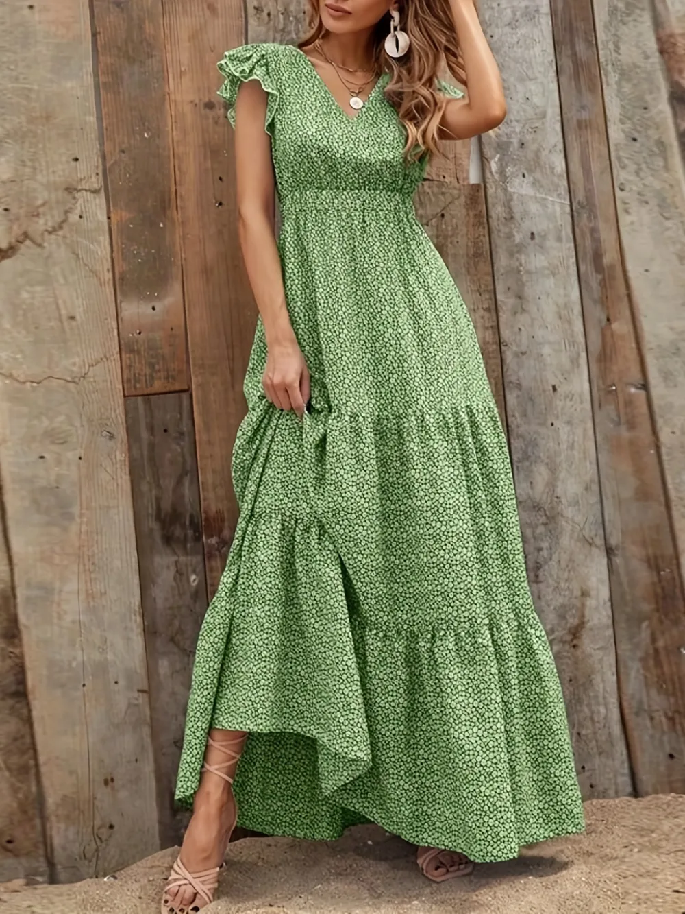 Ditsy Floral Print High Waist Dress, Elegant Ruffle Trim Sleeveless V Neck Maxi Dress, Women's Clothing