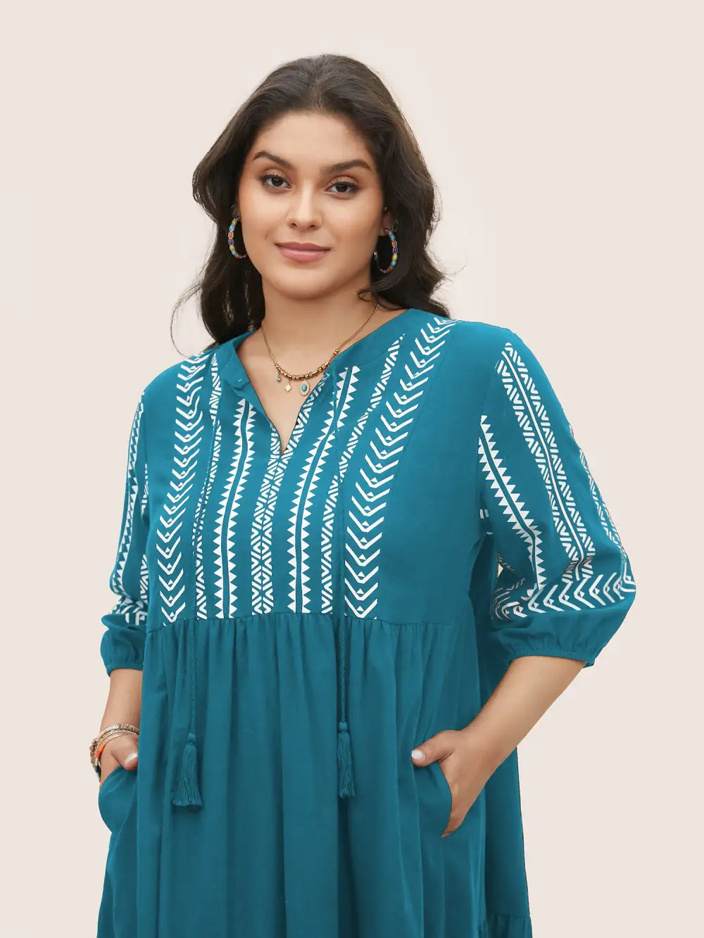 Cotton Geometric Bandana Print Tassel Trim Dress