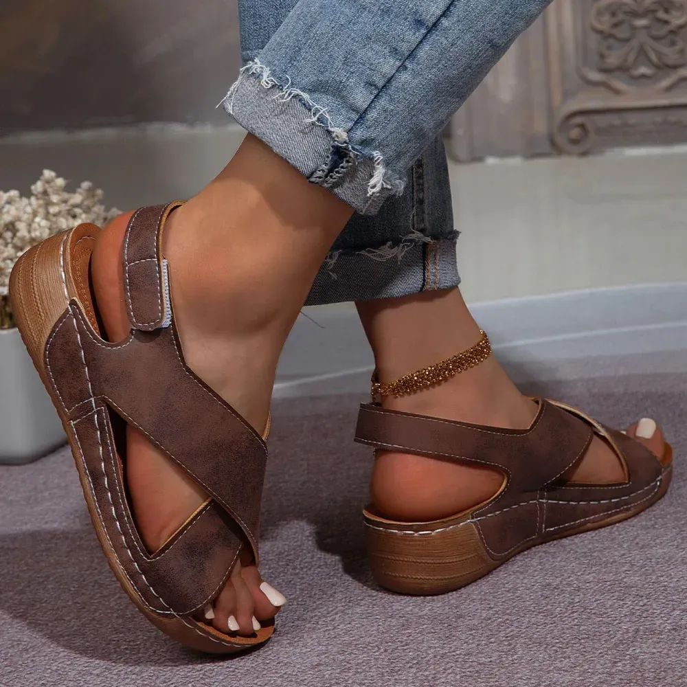 Dark Coffee Peep Toe Low Heel Sandals