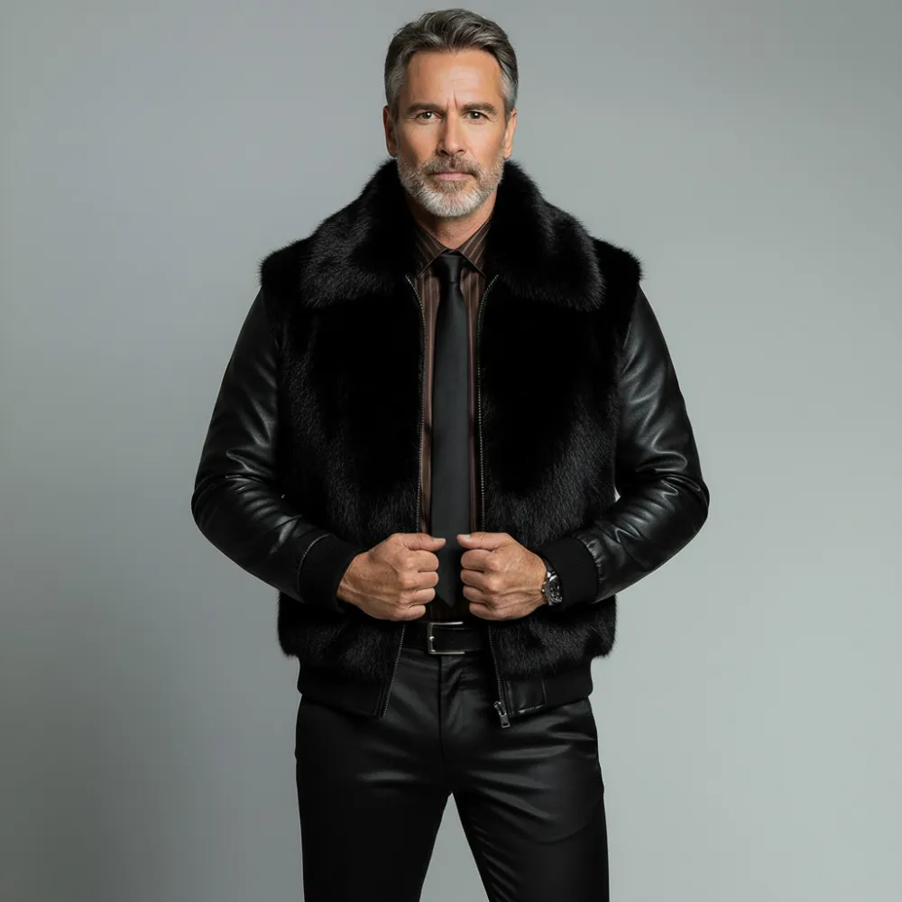 Men's Black Artificial Fur Lapel Patchwork PU Long Sleeve Zipper Jacket