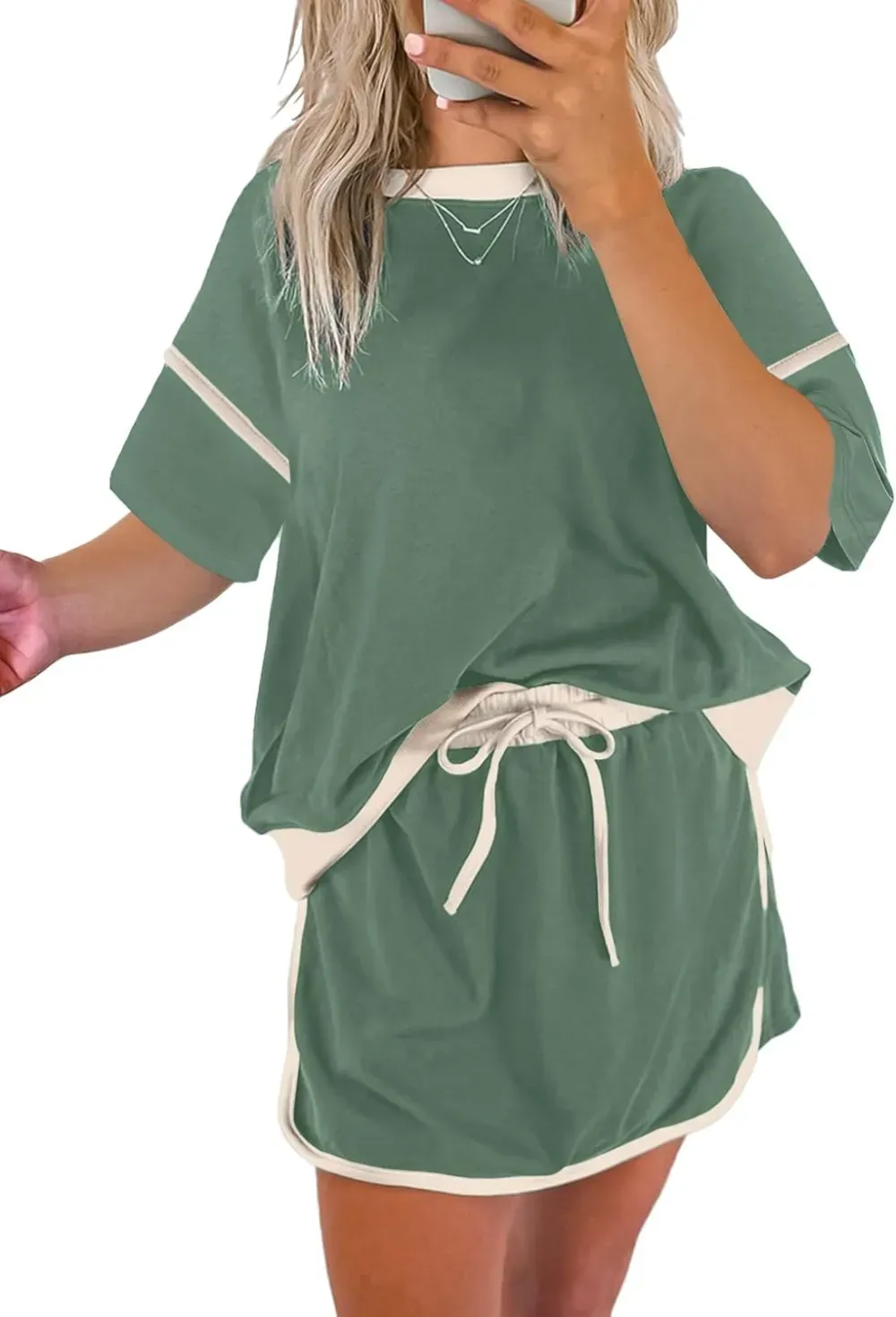 ✨Women's Summer Short Sleeve Tops Matching Drawstring Mini Skirt Lounge Sets