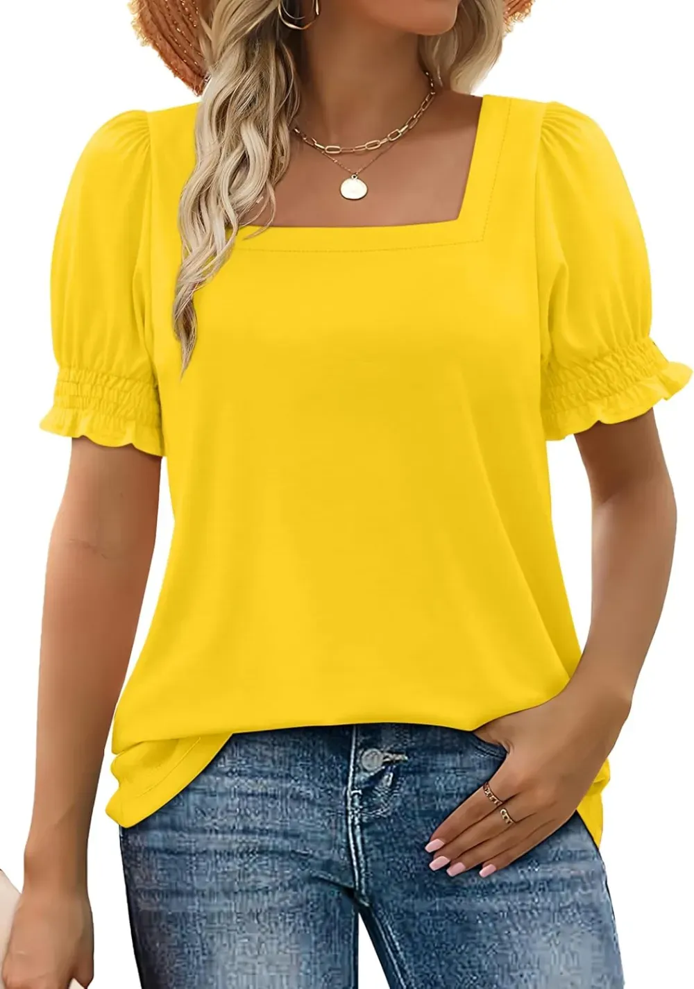 ✨Women's Square Neck  Smocked Sleeve T-Shirt Casual Top