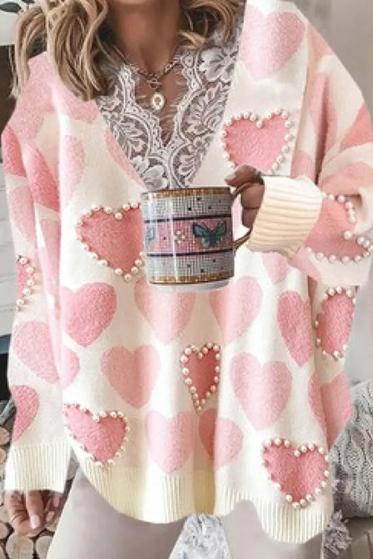 Pearl Heart Lace Stitching Casual Sweater