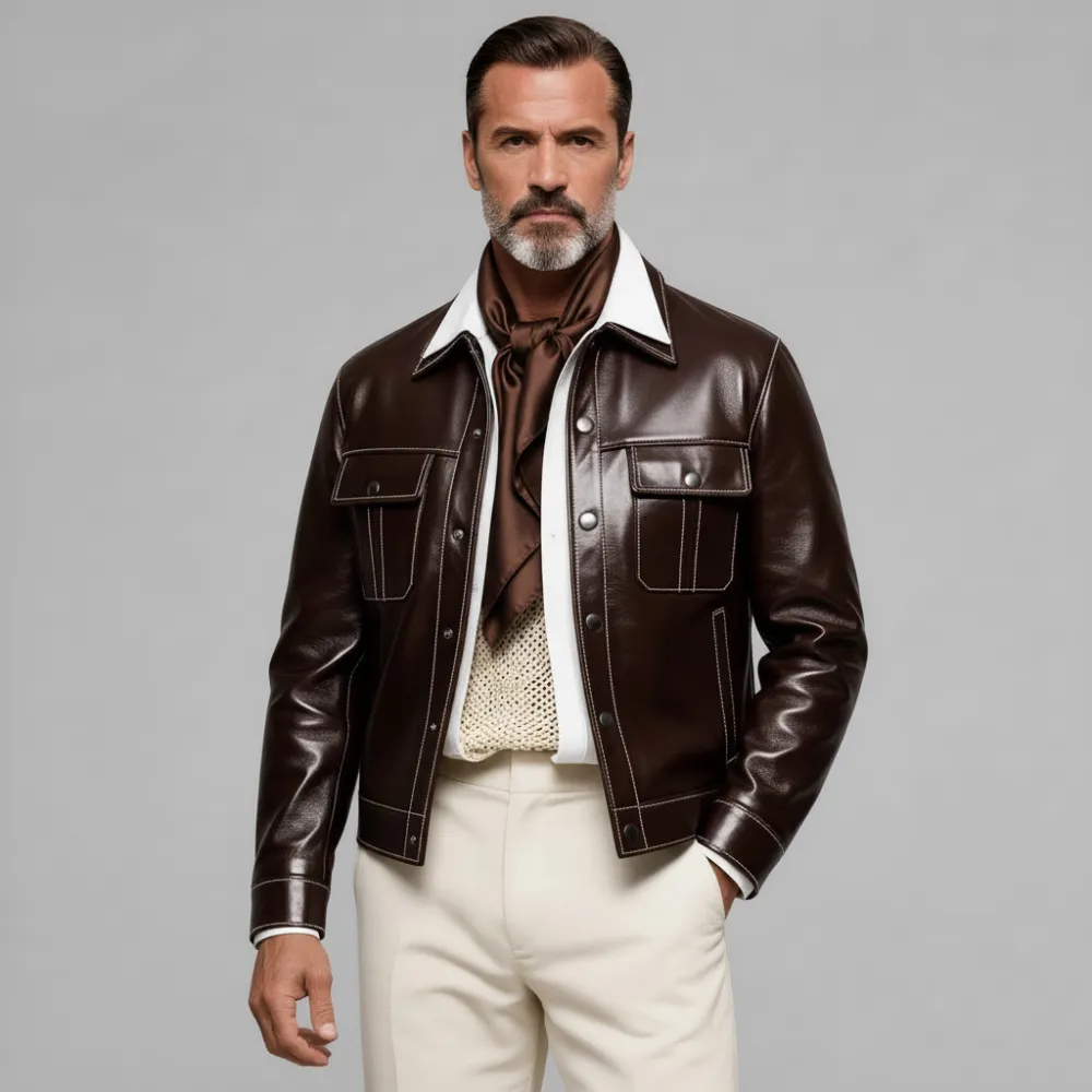 Men's Brown Shirt Collar Long Sleeve Button Contrast Stitched Flap Pockets PU Leather Jacket