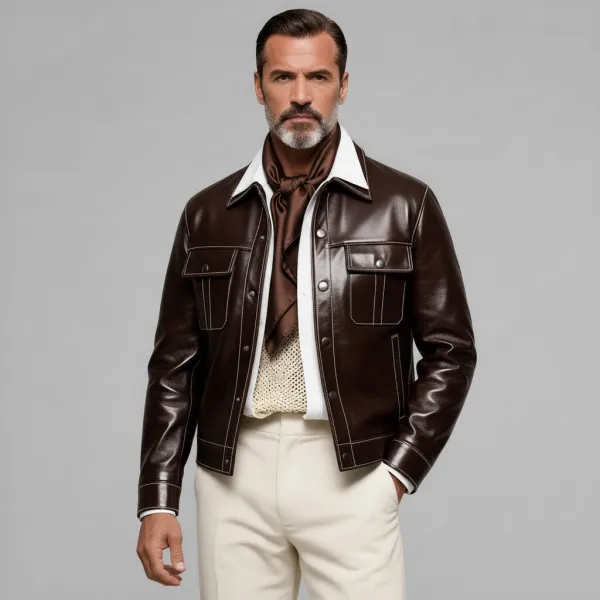 Men's Brown Shirt Collar Long Sleeve Button Contrast Stitched Flap Pockets PU Leather Jacket