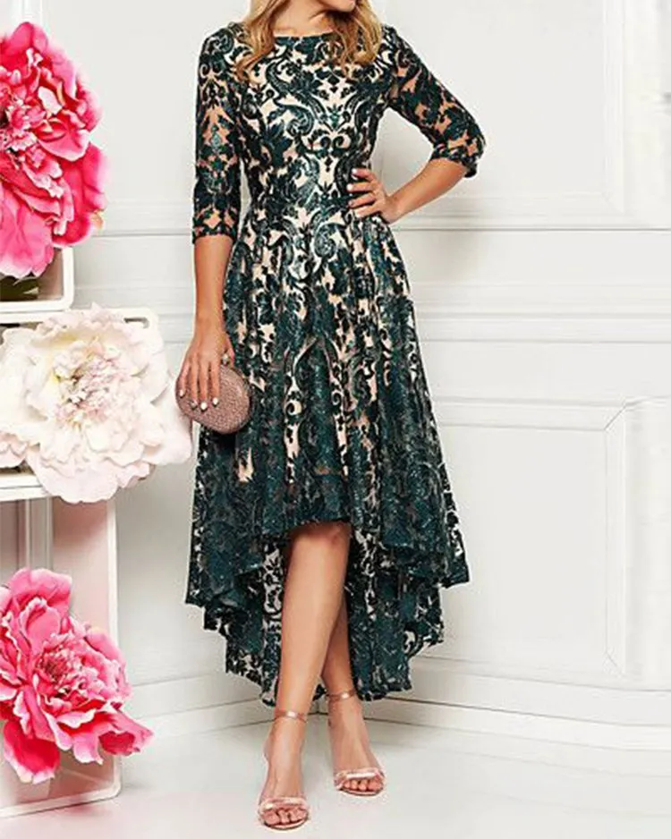MIDI DRESS LACE SEQUINS IRREGULAR GOWN